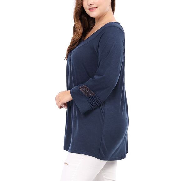 Women's Plus Size Crochet Panel Kimono Raglan Sleeves Tops Blue - Picture 6 of 6